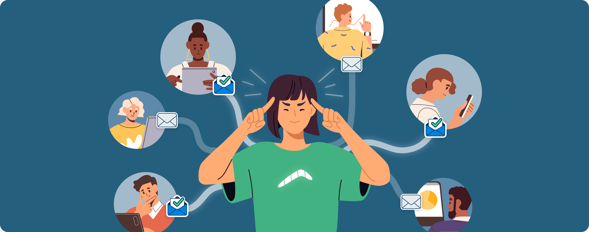 Illustration of a Boomerang user surrounded by images of her email recipients. She displays a clairvoyant gesture, as she can now observe whether each recipient has opened her email, clicked, or neither.