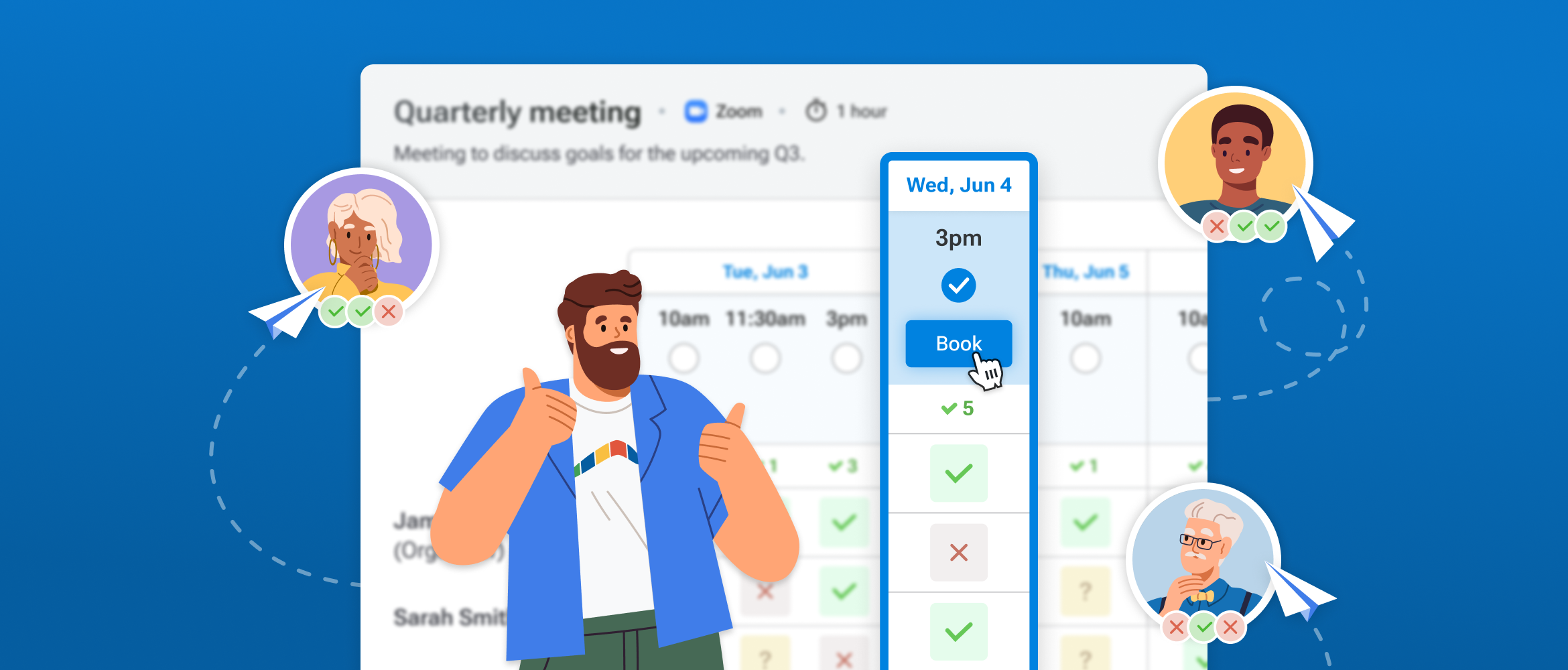 Illustration of a group scheduling a quarterly Zoom meeting using Boomerang's visual Meeting Poll interface. A man in the center gives a thumbs up as a time slot is selected for Wednesday, June 4 at 3pm. Avatars of three colleagues with paper airplanes and availability checkmarks surround the scene, indicating their responses. A “Book” button is highlighted to finalize the chosen time.