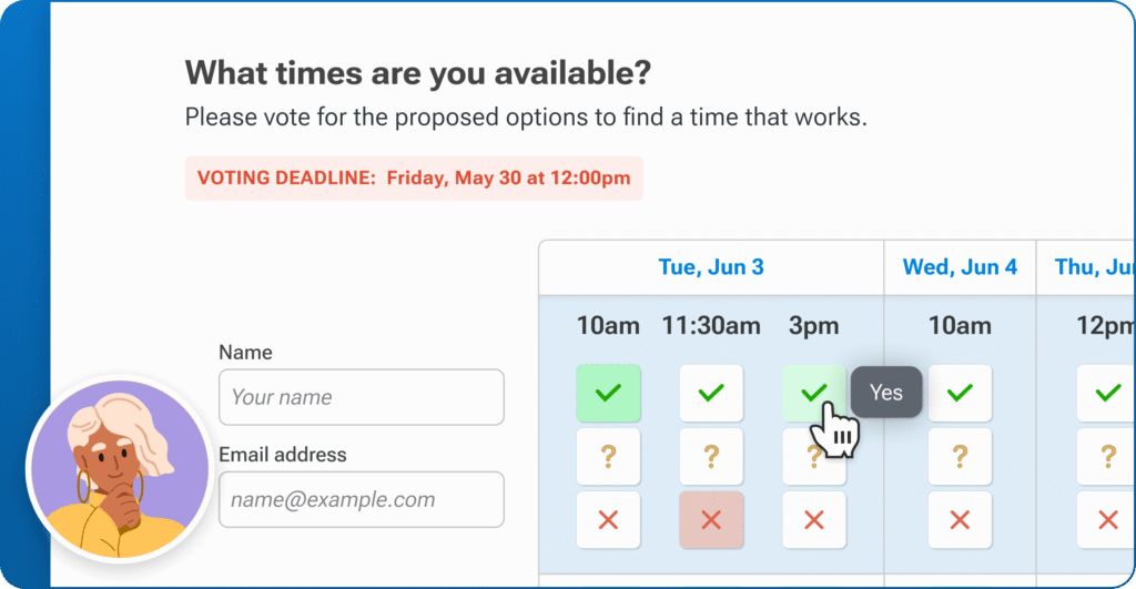 A Boomerang Meeting Poll interface where a recipient is selecting available times for a meeting. The header asks, "What times are you available?" with instructions to vote for proposed options. A red banner notes the voting deadline: "Friday, May 30 at 12:00pm." A calendar shows time slots across several days, with green check marks (Yes), question marks (Maybe), and red Xs (No). A hand cursor is clicking "Yes" for 3pm on Tuesday, June 3. On the left, there are fields to enter name and email address, and an illustrated avatar of a woman with earrings and light hair appears in the corner.