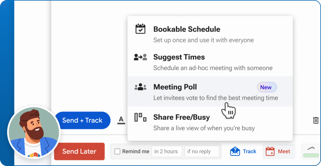 A dropdown scheduling menu in an email interface. Meeting Poll is marked as New. A cursor points to the Meeting Poll option. An illustrated avatar of a bearded man in a blue blazer appears in the corner.