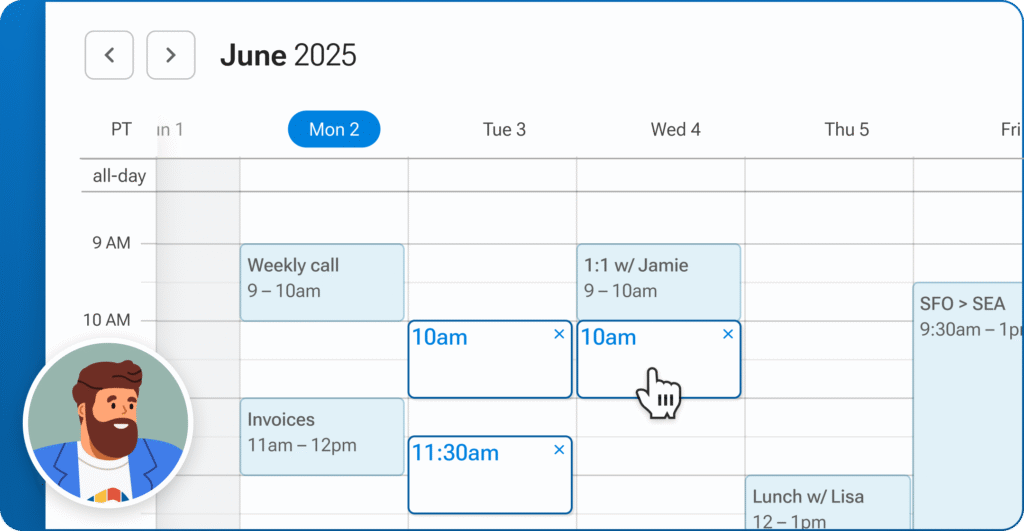 A digital calendar view for the week of June 2, 2025, shows various existing events. Several proposed meeting time slots appear in outlined boxes with labels. The layout suggests a user is selecting available times for a meeting poll. An illustrated avatar of a bearded man in a blue blazer appears in the lower left.
