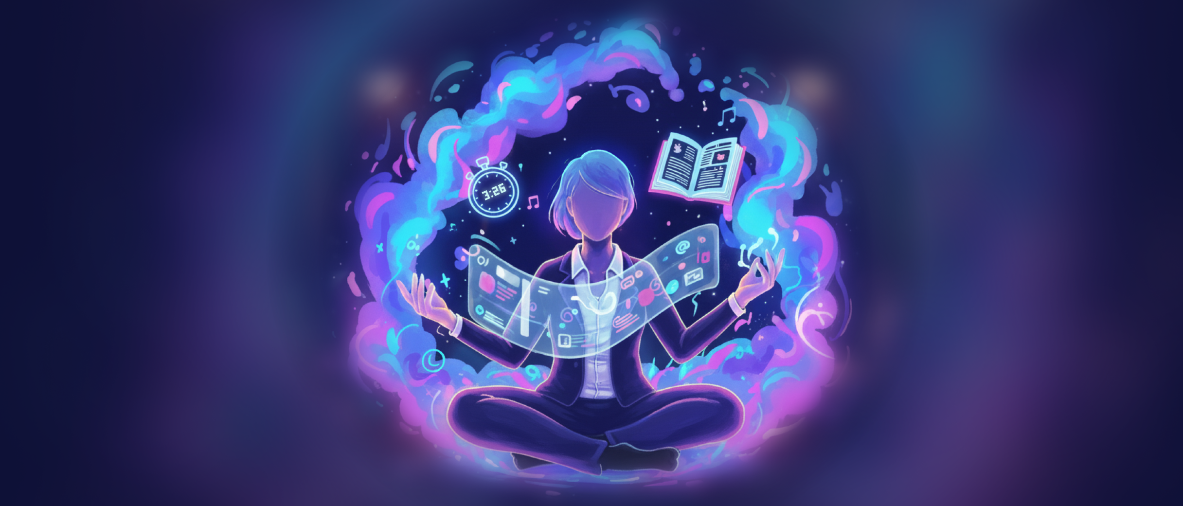 A stylized, futuristic figure sits cross-legged in a glowing digital space, interacting with a holographic interface. Around them float icons of a timer and book, illustrating a smart reading time estimator that adjusts for text difficulty. Blue and purple smoke-like shapes evoke a sense of flow and clarity.