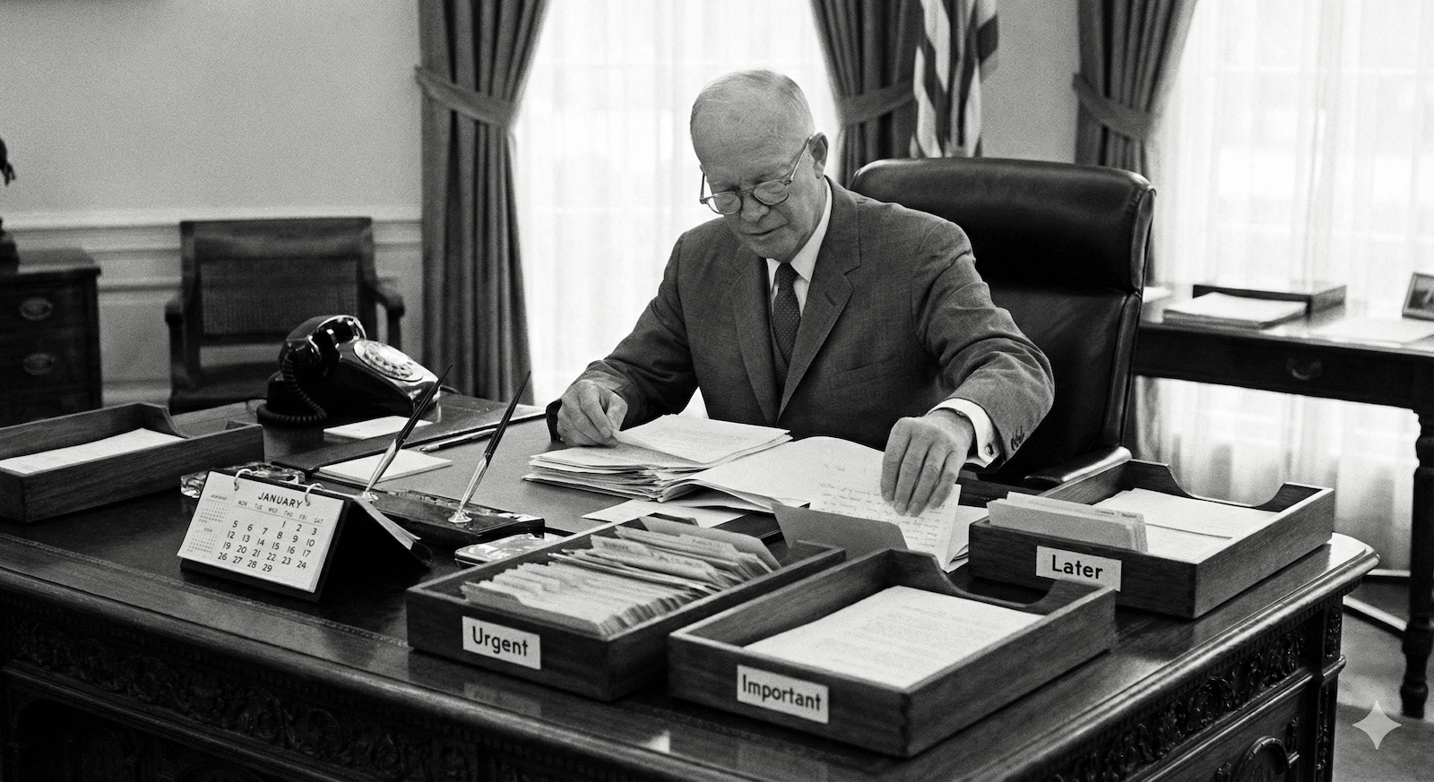 An AI-generated photorealistic black and white image of President Dwight Eisenhower sitting at the Resolute Desk in the Oval Office. He is processing a stack of papers and placing them in four bins that correspond to the Eisenhower Matrix prioritization system.